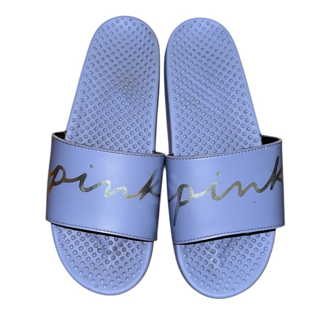 •PINK•VSP PERWINKLE & SILVER LOGO SLIDES SIZE MEDIUM (7-8) EUC